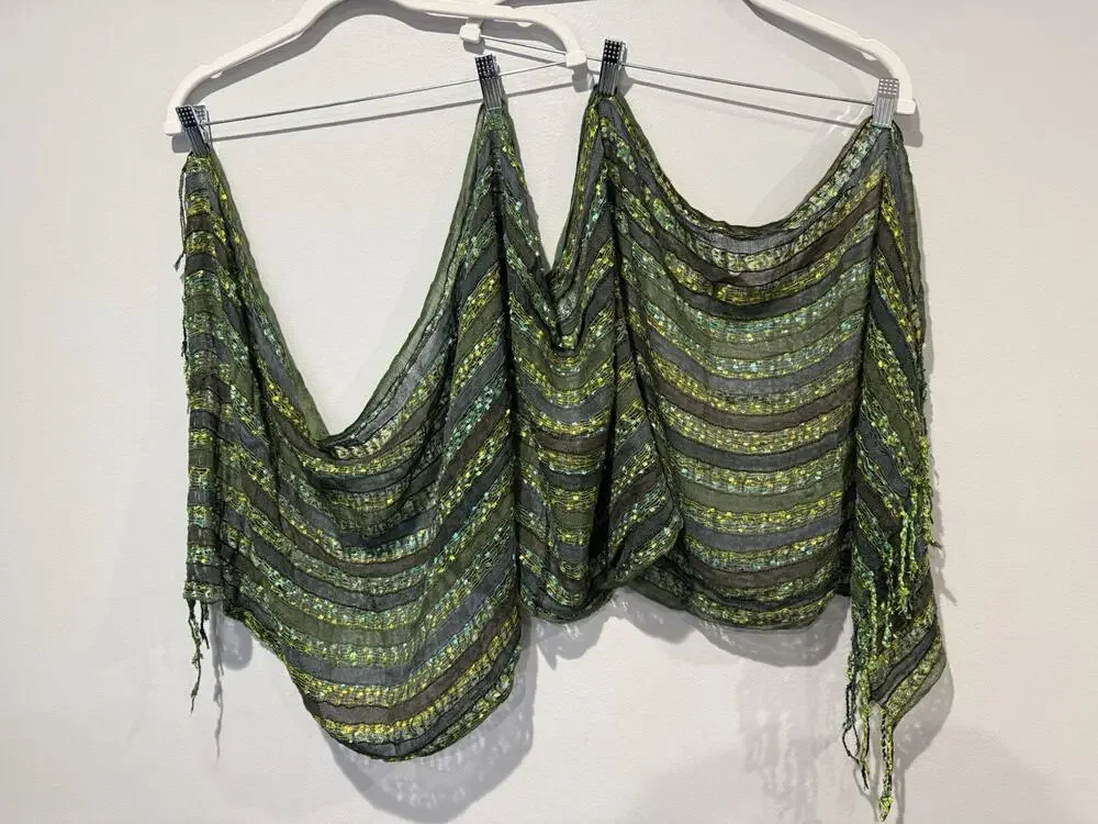 Boho Indie Artisan Oversized Sheer Woven Scarf Wrap Shades Of Green Festival